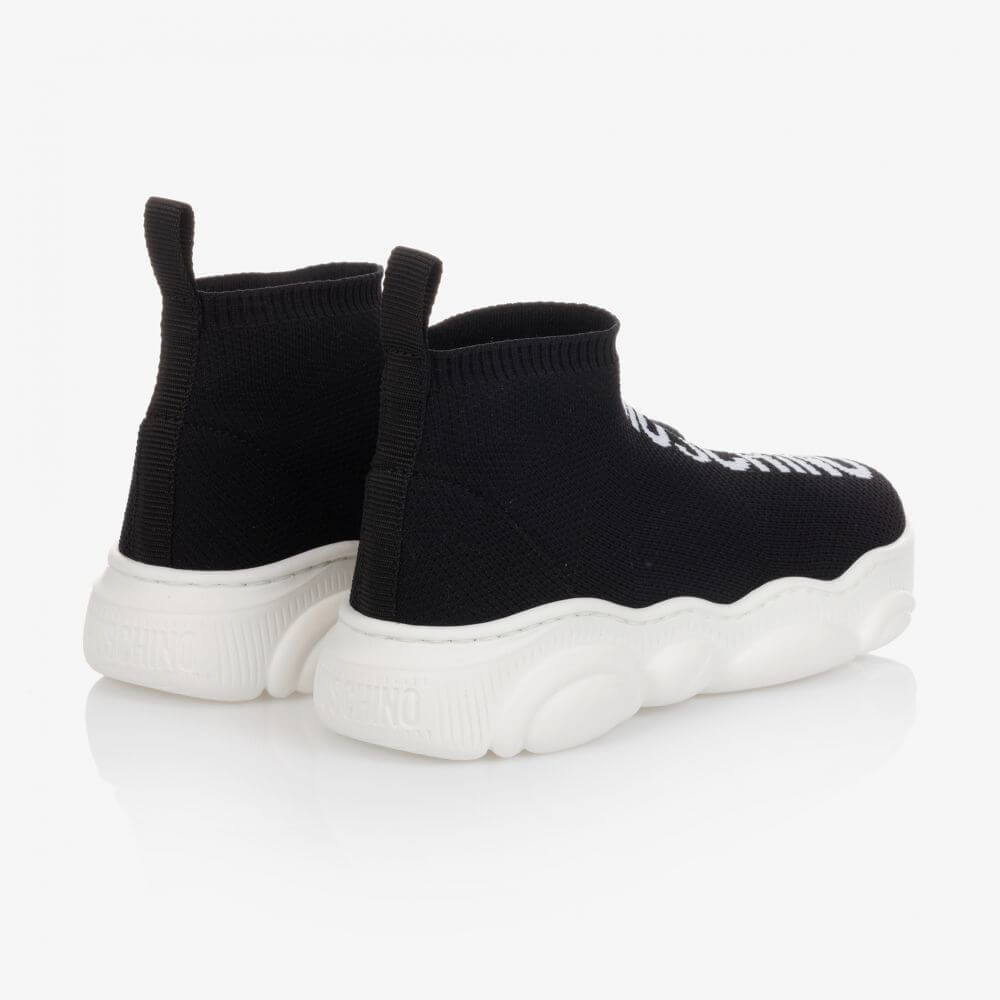Moschino Unisex Black & White Print Sock Trainers With Teddy Bear Sole Lettering Logo Print