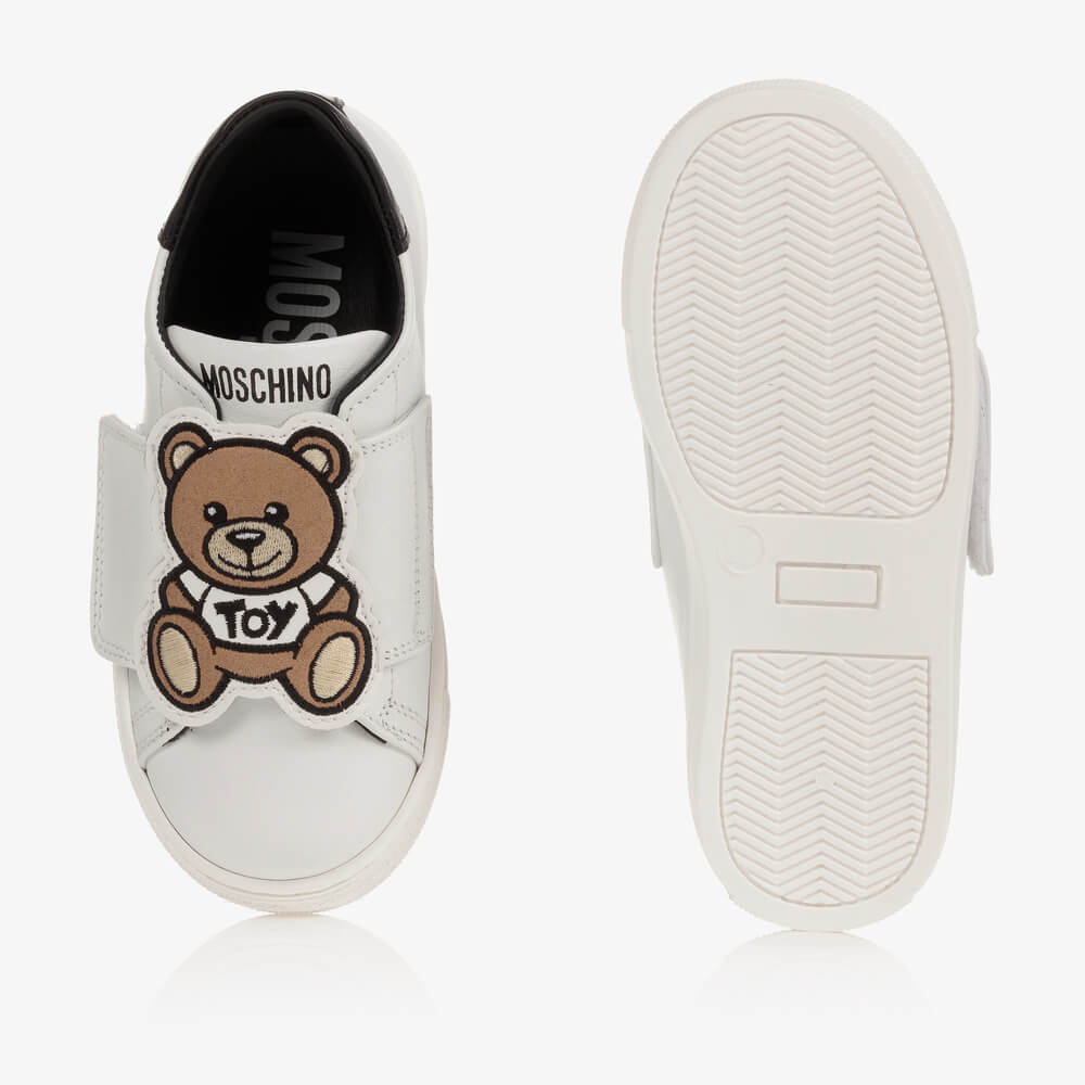 Moschino Unisex White & Black Trainers With Box Sole Strap Teddy Bear Big Patch