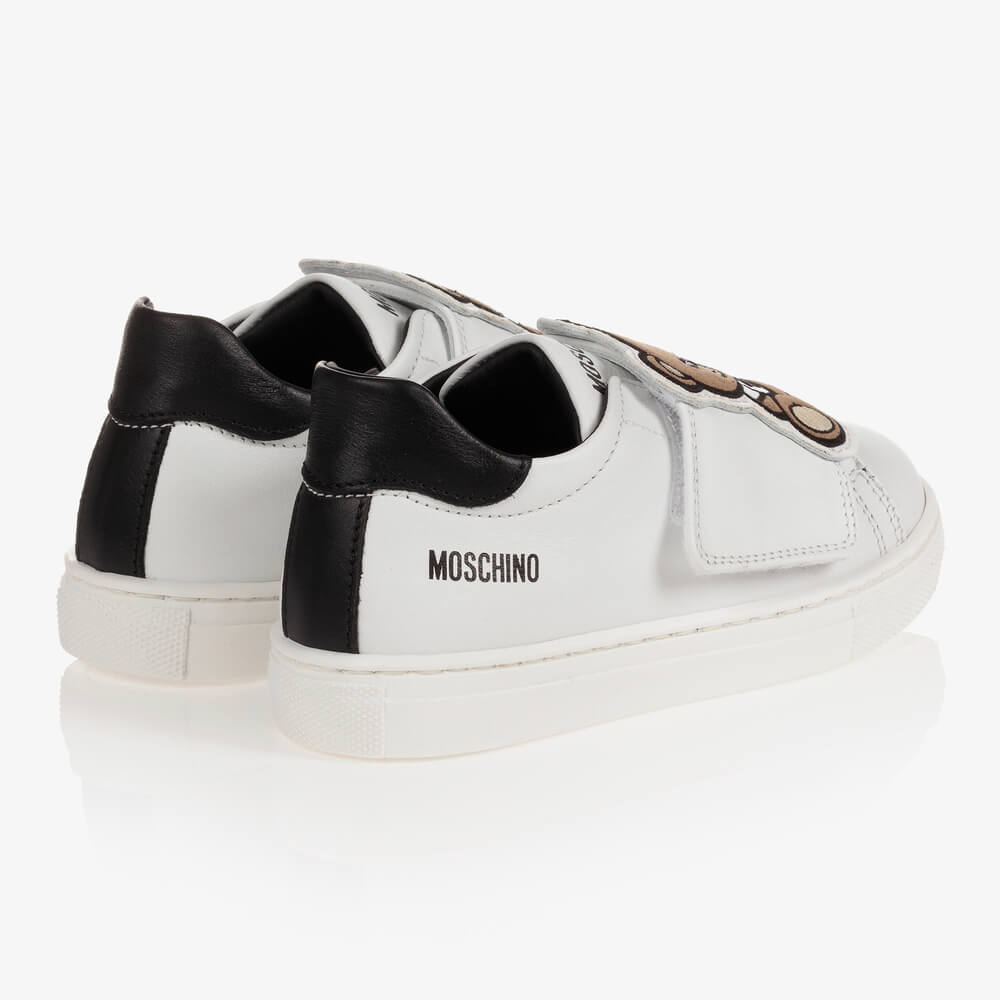 Moschino Unisex White & Black Trainers With Box Sole Strap Teddy Bear Big Patch