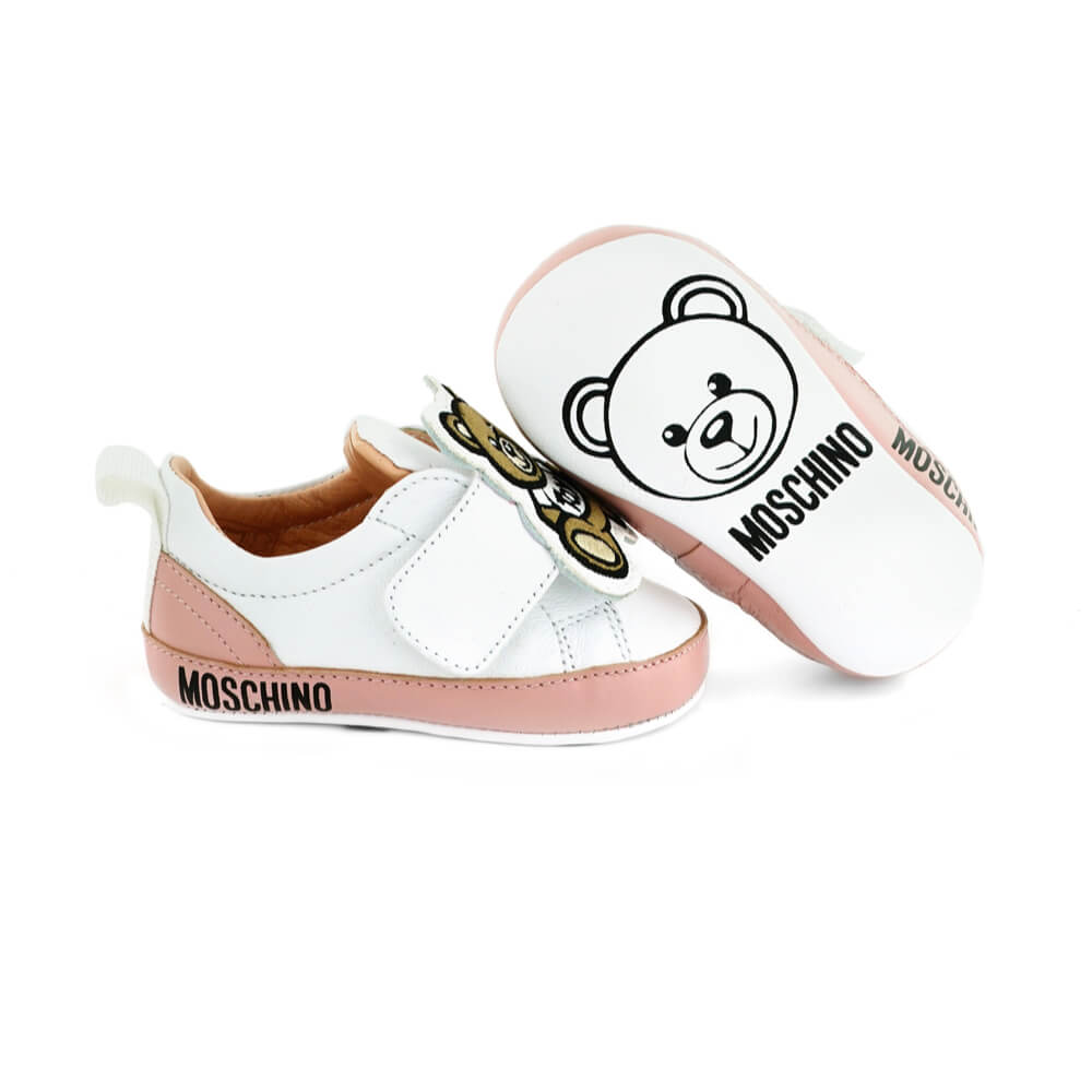 Moschino Unisex Pink White Trainers Strap Fabric Teddy Bear
