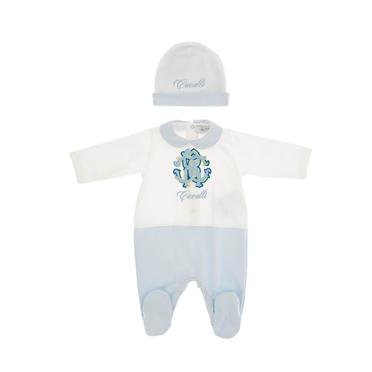 Roberto Cavalli Baby Boys Blue & White Babysuit Bonnet Heraldic