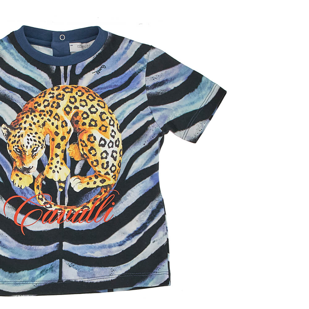 Roberto Cavalli Baby Boys Blue, White & Black Jersey T-Shirt With Tiger Pattern