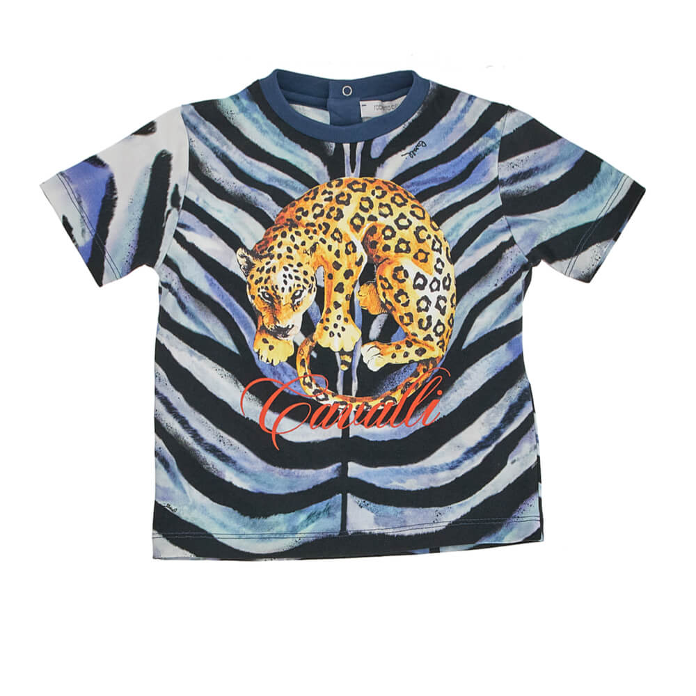Roberto Cavalli Baby Boys Blue, White & Black Jersey T-Shirt With Tiger Pattern