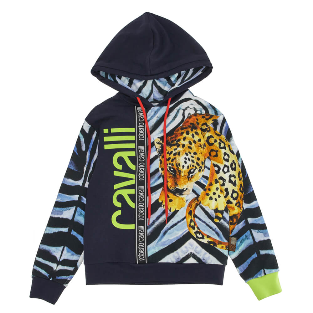 Roberto Cavalli Boys Navy & Multi-Colour Fleece Hoodie Tiger Pattern