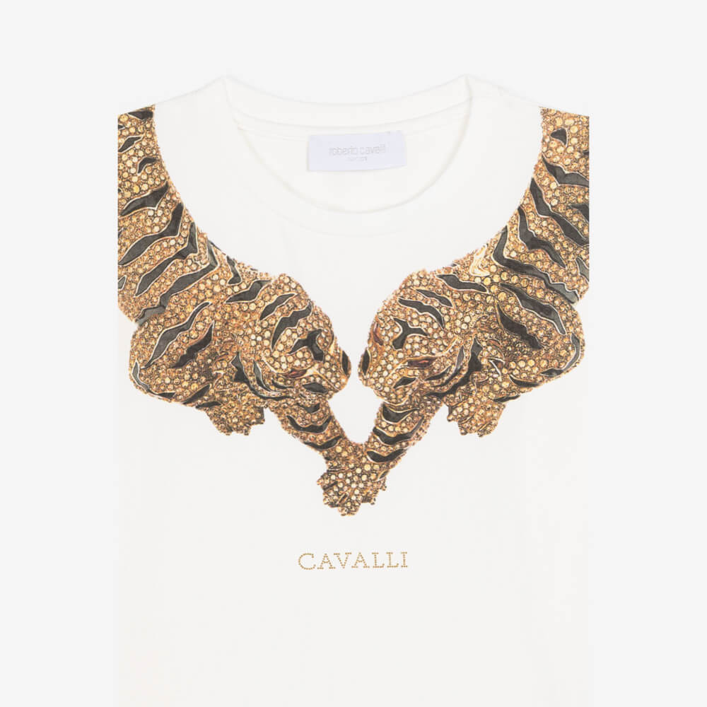 Roberto Cavalli Girls White T-Shirt with Printed Shoulders