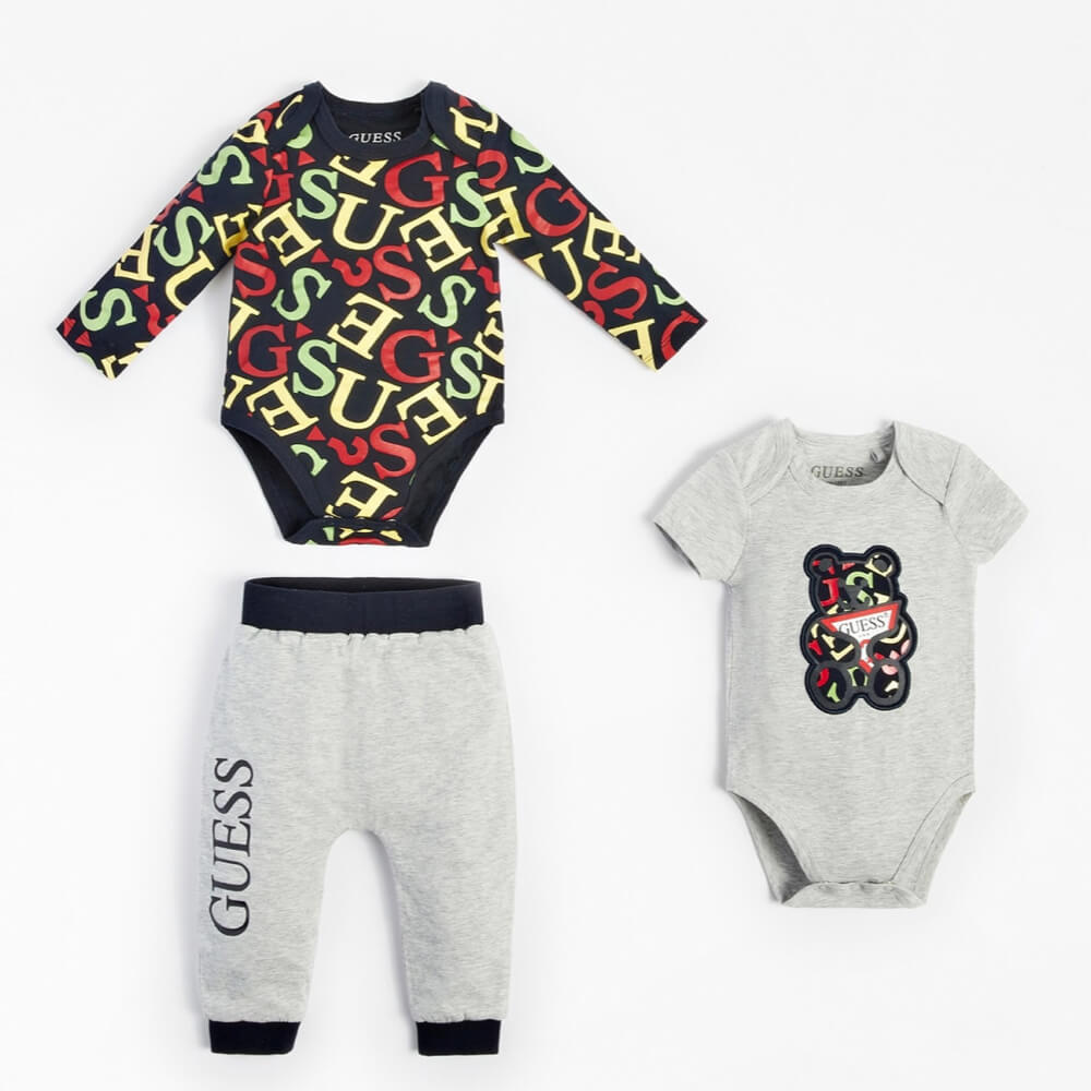 Guess Baby Boys Grey & Multi-colour 2 x Babysuits and Joggers Combo Set