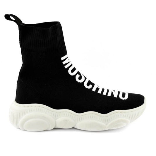 Moschino Unisex Black & White Trainers (Sock Style) Hi-Top Teddy Sole And Maxi Logo Print
