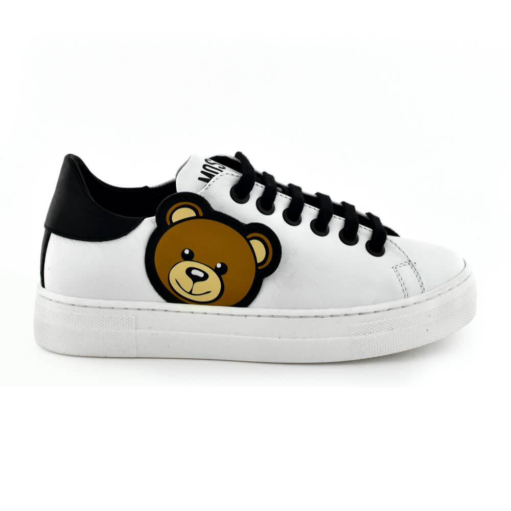 Moschino Unisex White & Black Trainers With Laces and Teddy Bear Patch