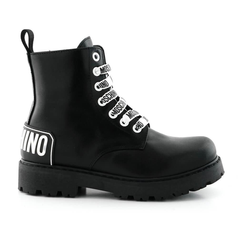 Moschino Unisex Black Ankle Boots With Laces And Rubber Logo Patch
