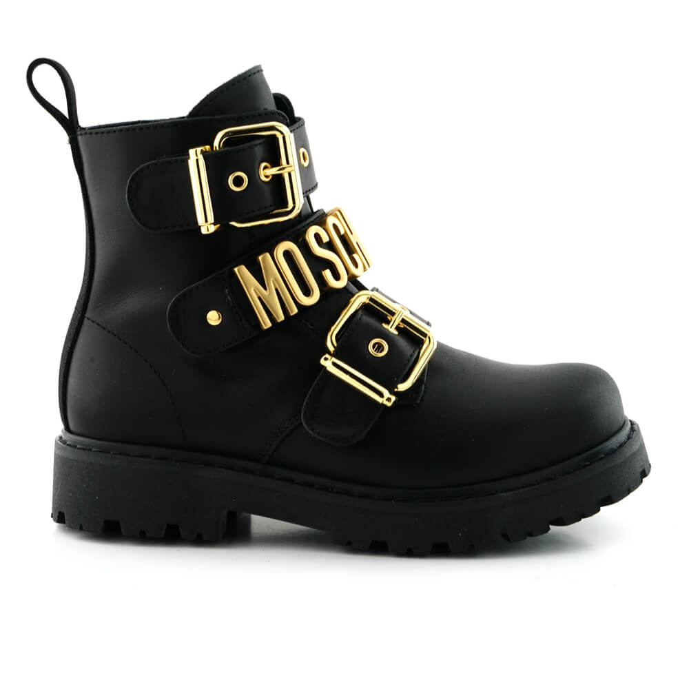 Moschino Girls Black & Gold Ankle Boots With Buckles And Lettering Logo