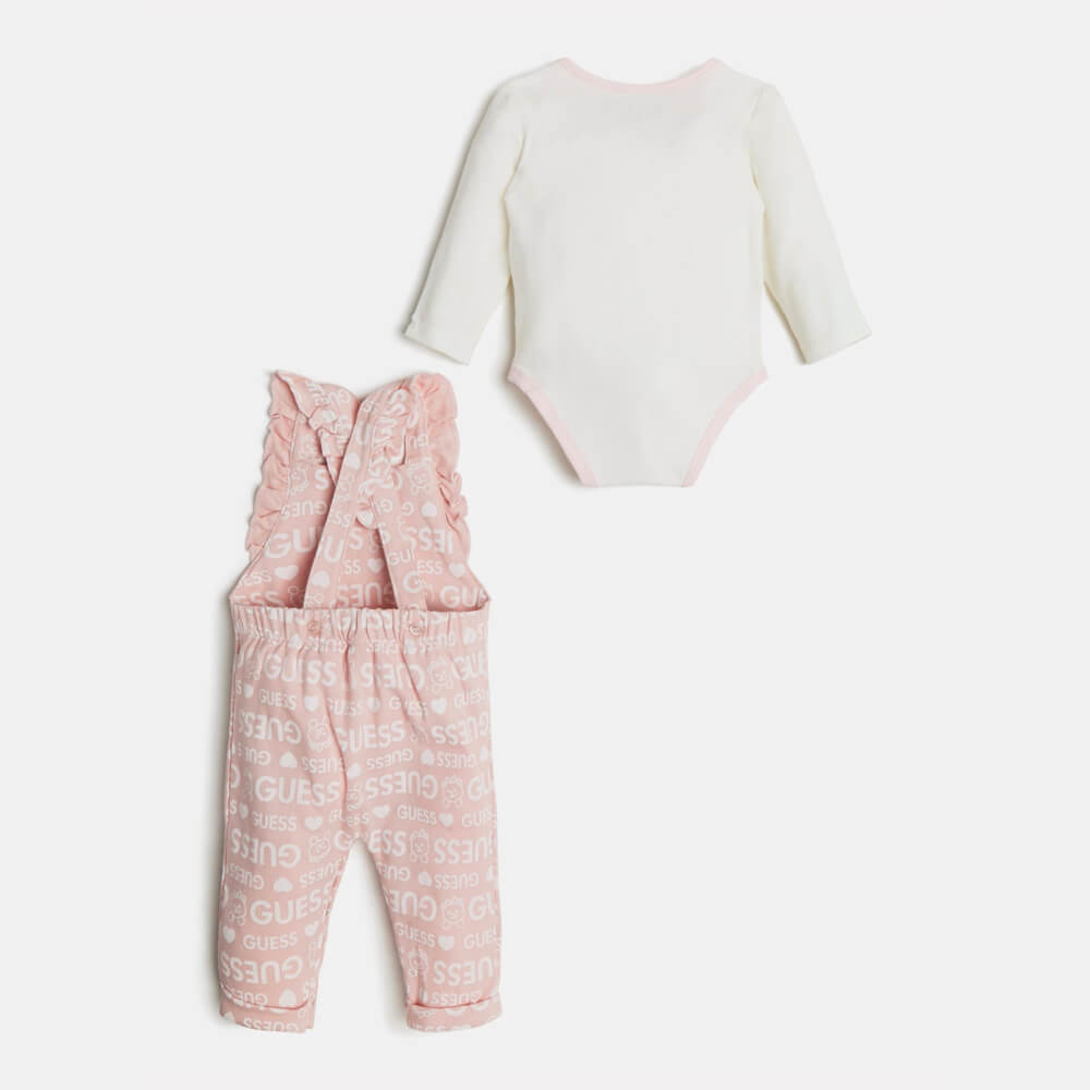 Guess Baby Girls Cream & Pink Babysuit And OverallsCombo Set