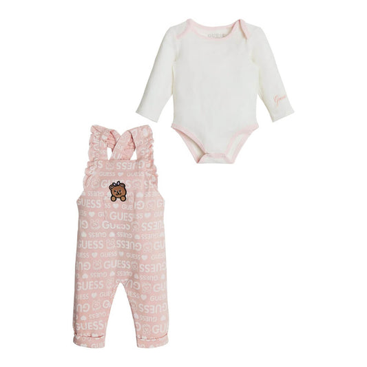 Guess Baby Girls Cream & Pink Babysuit And OverallsCombo Set