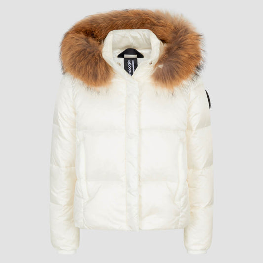 Bomboogie Kids, Girls Waisted Hooded Jacket with Fur, Optic White