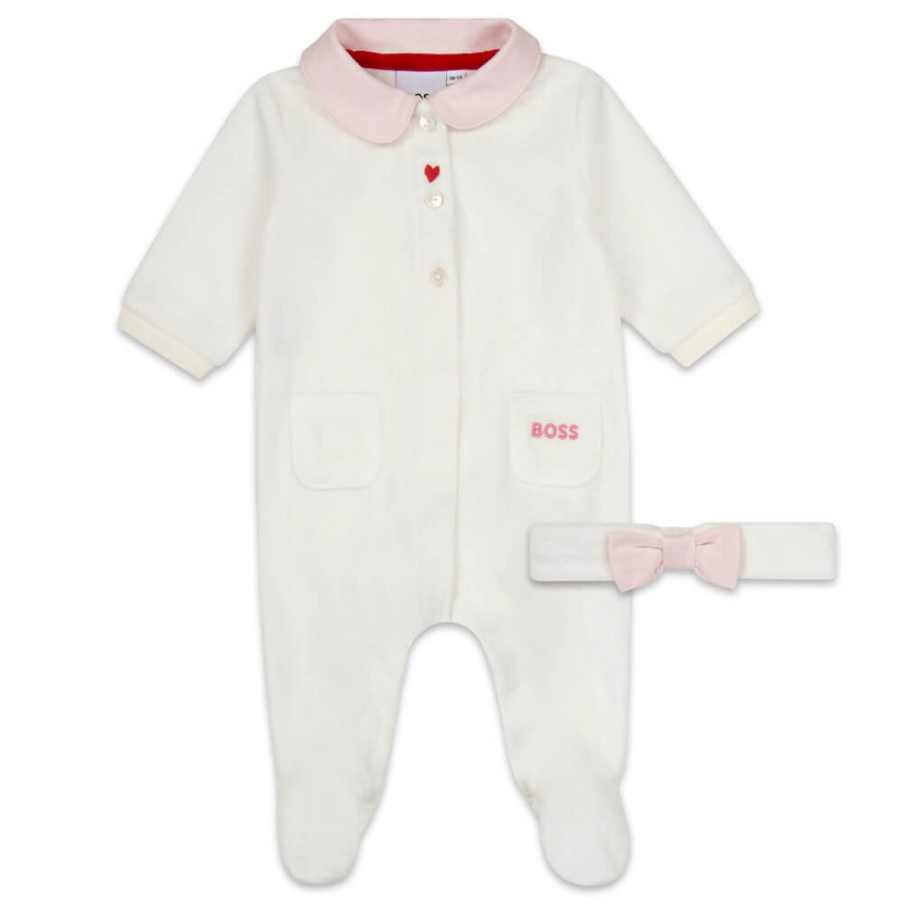 Boss Kidswear Baby Girls White Babysuit & Headband