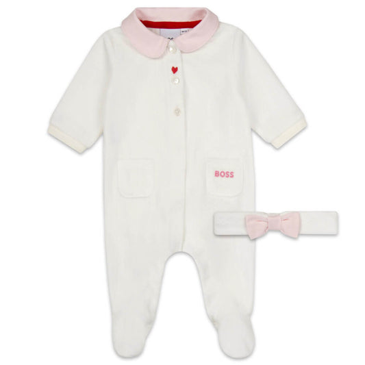 Boss Kidswear Baby Girls White Babysuit & Headband