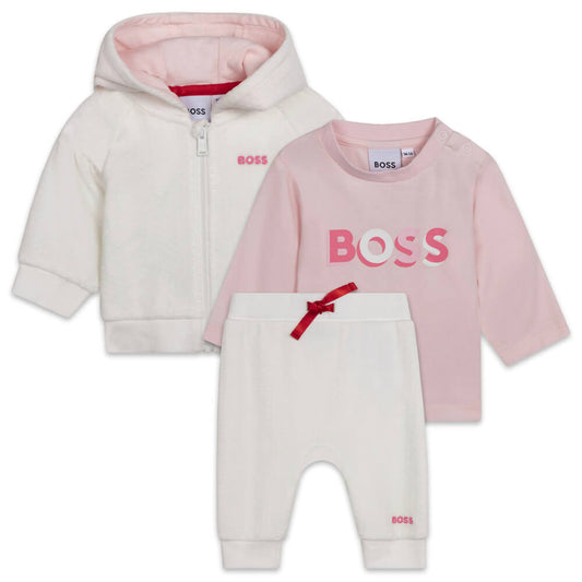 Boss Kidswear Baby Girls White T-Shirt Trousers & Cardigan Set