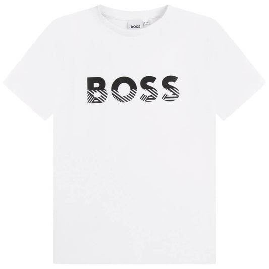 Boss Kidswear Boys White Short Sleeves Printed Logo T-Shirt