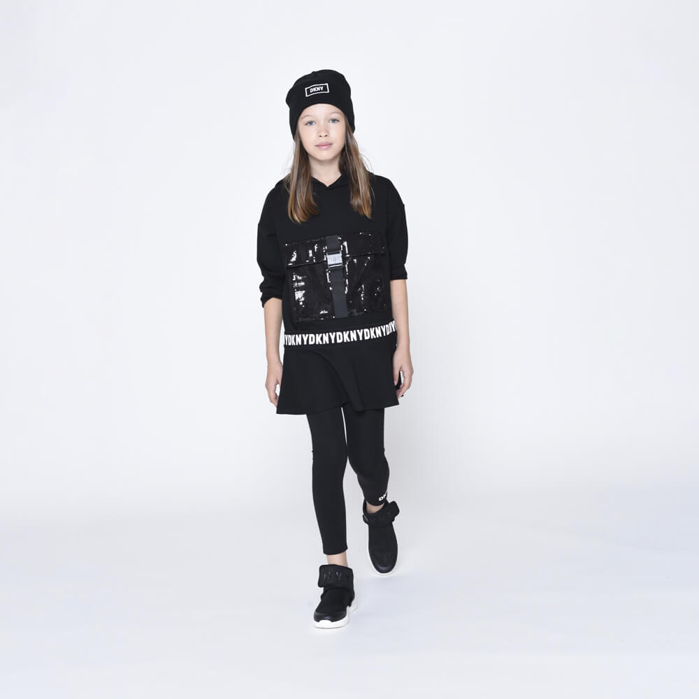 DKNY Kidswear, Girls Hooded Dress, Black