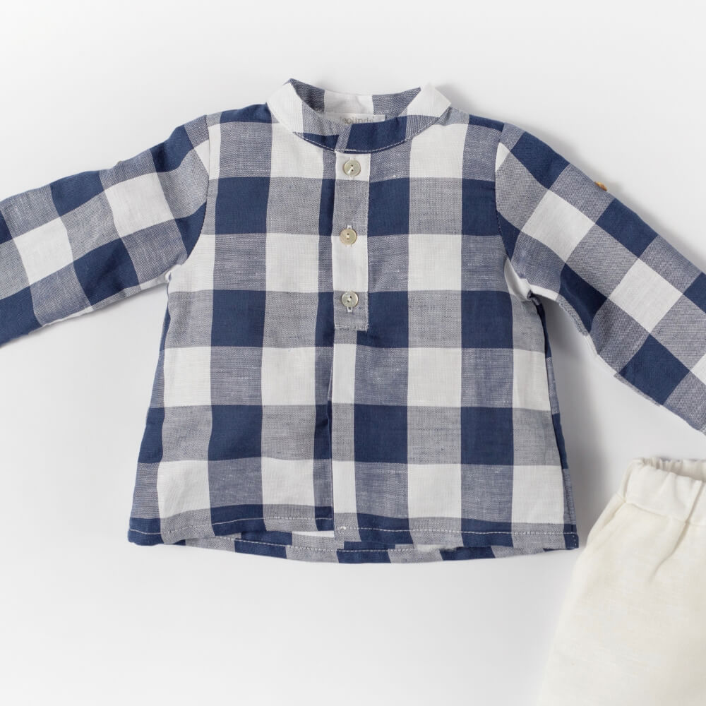 Deolinda Baby Boys Navy & White Plain Shorts And Check Shirt Combo Set