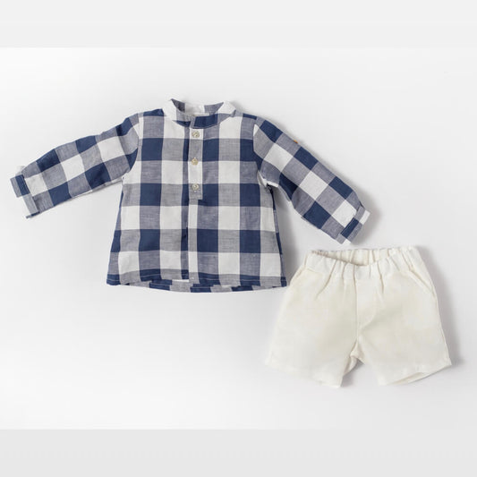 Deolinda Baby Boys Navy & White Plain Shorts And Check Shirt Combo Set