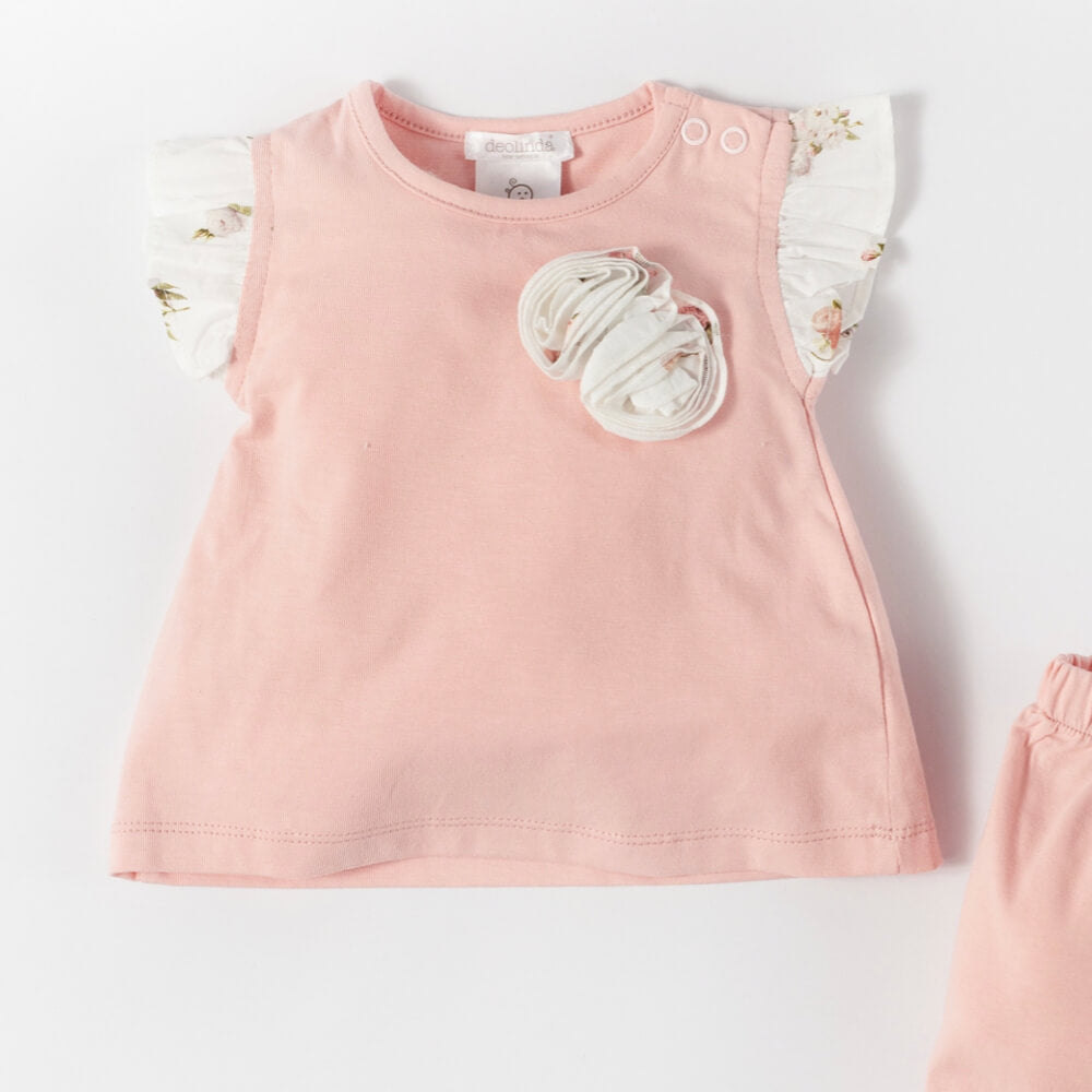 Deolinda Baby Girls Pink T-Shirt With Flower Design And Shorts Combo Set