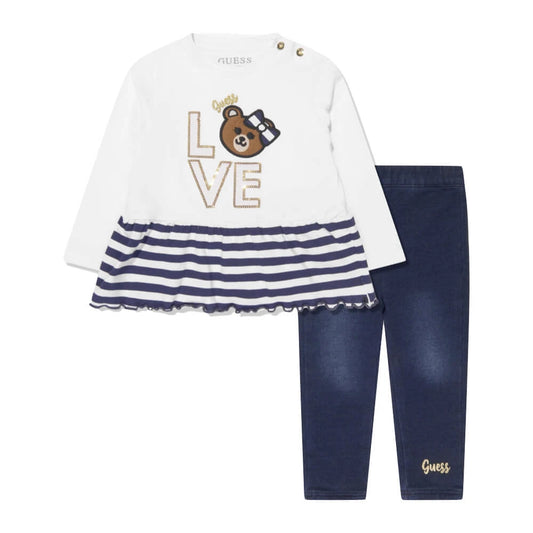Guess Baby Girls Blue & White Sweatshirt and Denim Leggings Combo Set