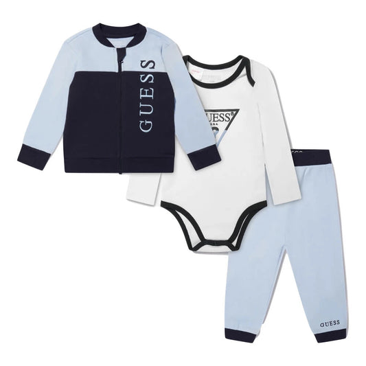 Guess Unisex Blue & White Jumper Joggers and Babysuit Combo Set