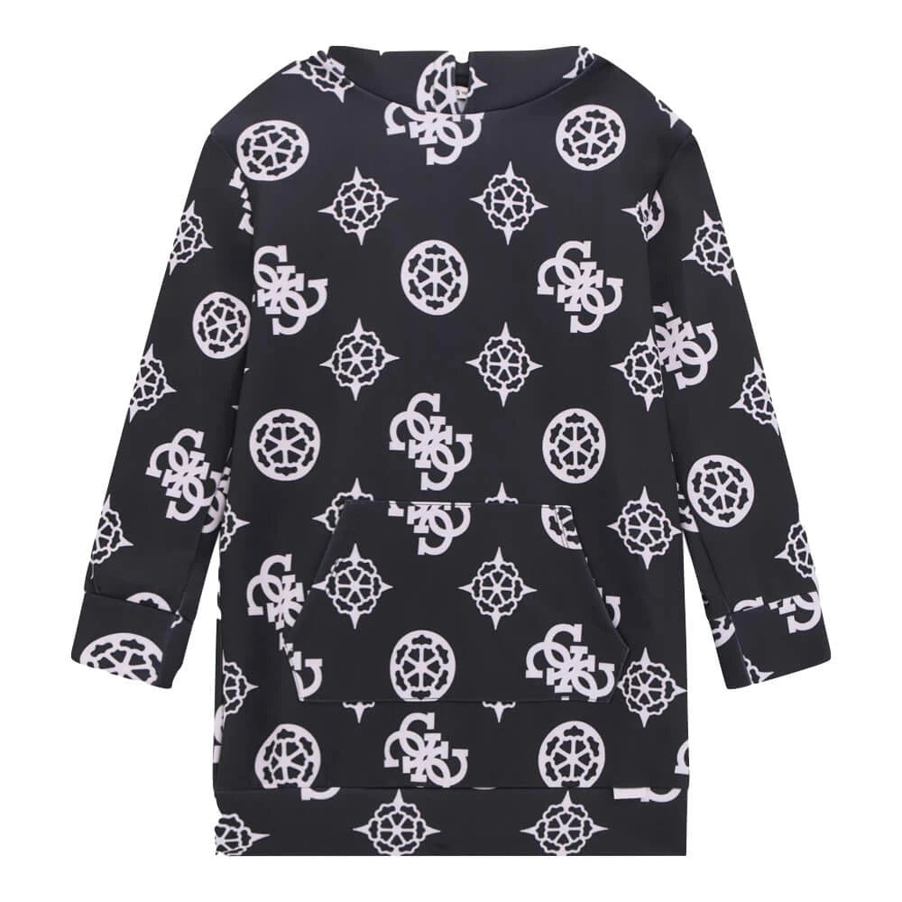 Guess Girls Black & Pink Hooded Dress With Pattern