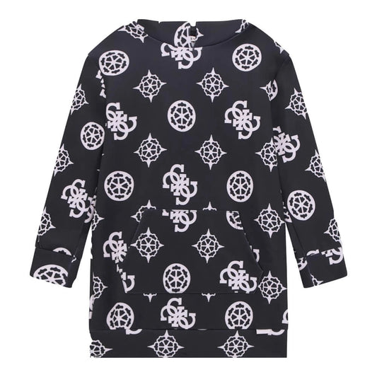 Guess Girls Black & Pink Hooded Dress With Pattern