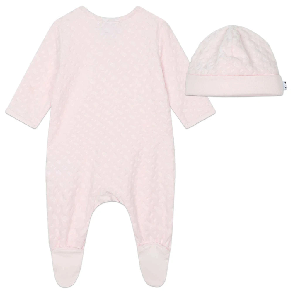 Boss Kidswear Baby Girls Pink Pale Babysuit & Pull On Hat Set