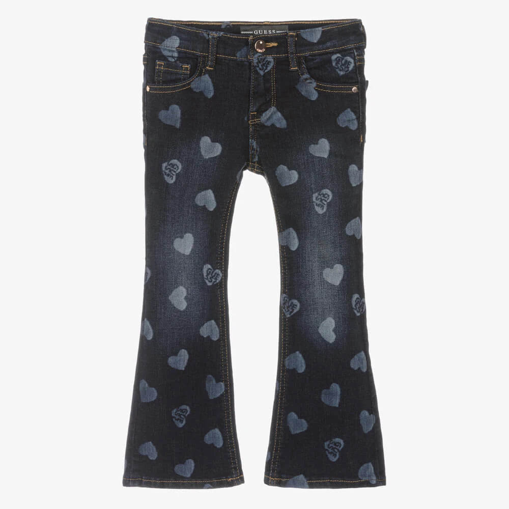 Guess Girls Blue Denim Flared Jeans With Heart Imprints