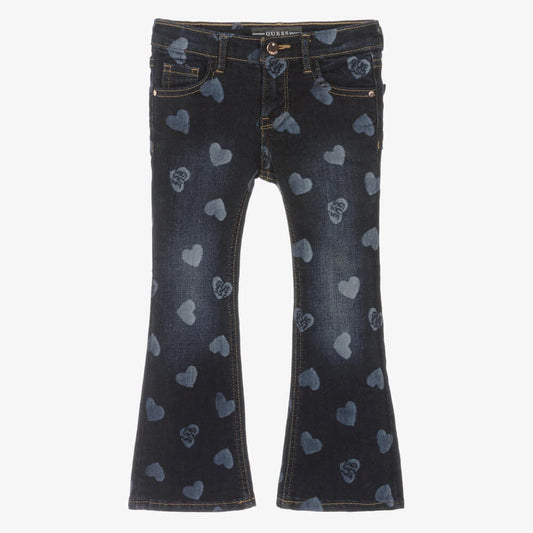 Guess Girls Blue Denim Flared Jeans With Heart Imprints