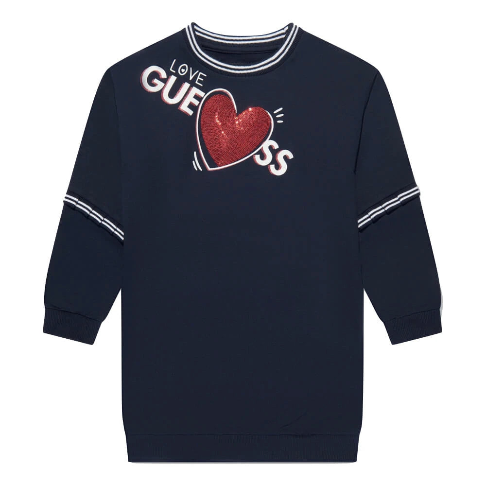 Guess Girls Black French Terry Long Sleeved Dress With Heart And Logo