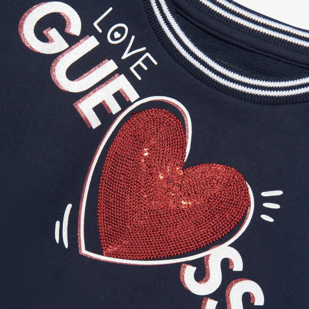 Guess Girls Black French Terry Long Sleeved Dress With Heart And Logo