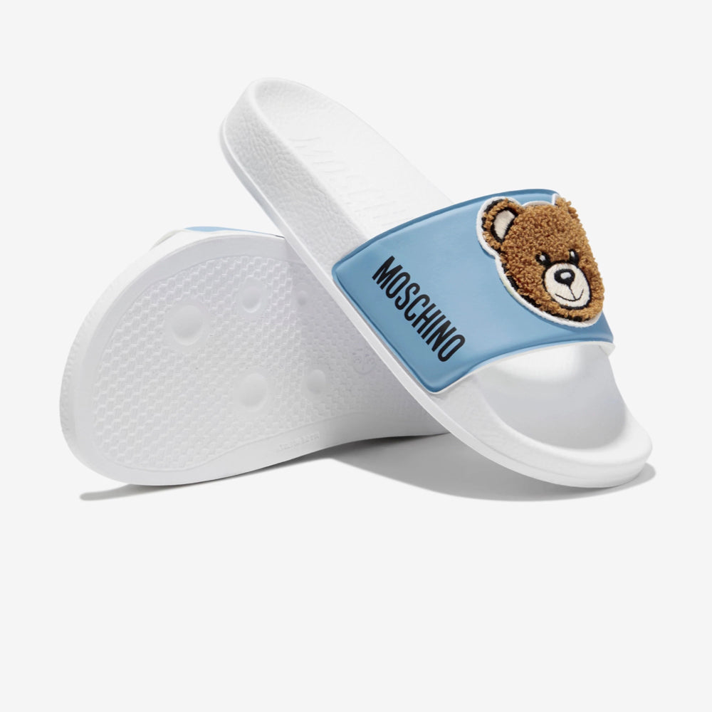 Moschino Unisex Blue & White Pool Sliders Teddy Bear Patch