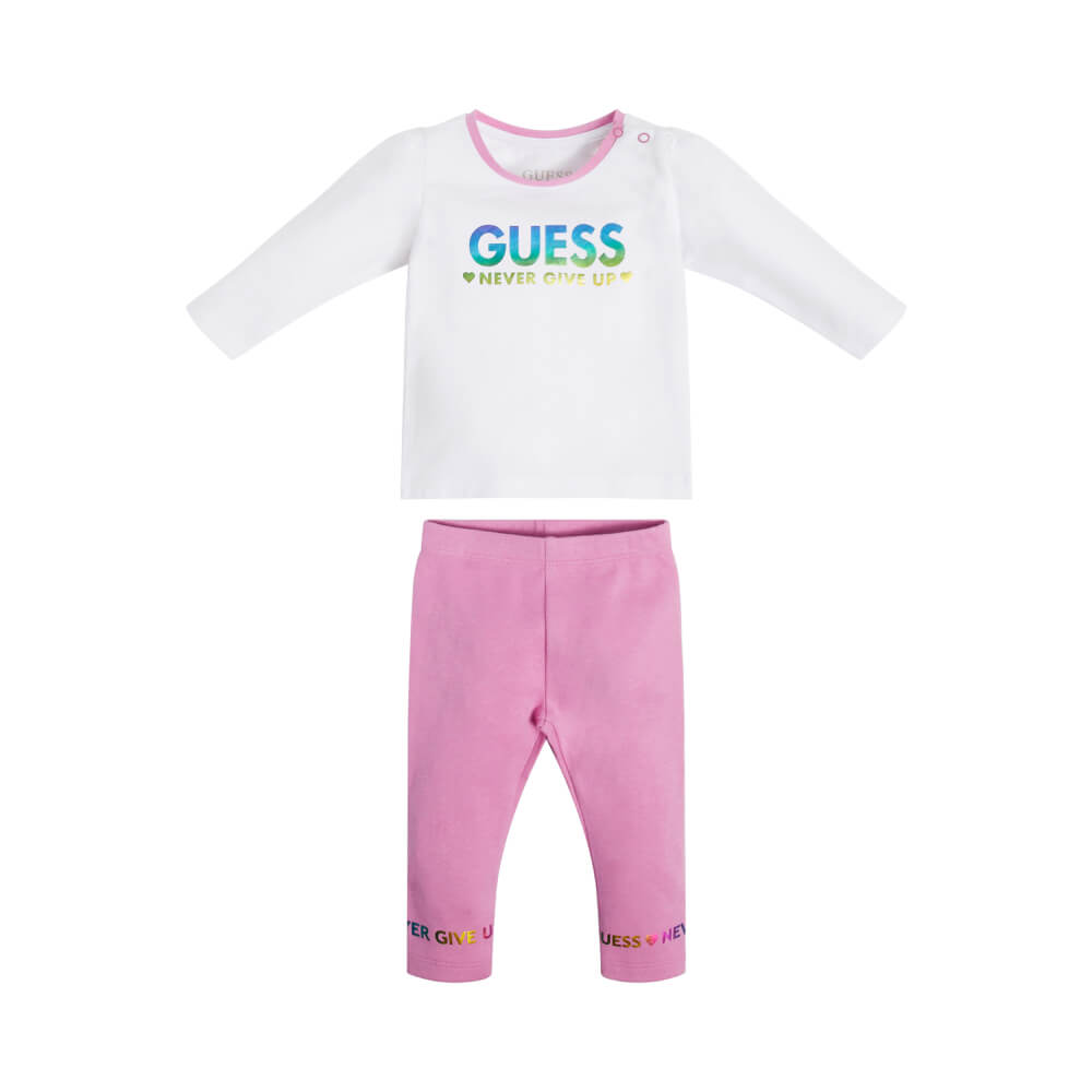 Guess Baby Girls White & Pink Full Sleeved Top and Leggings Combo Set