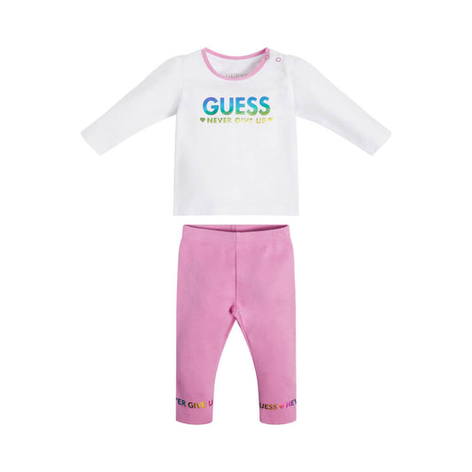 Guess Baby Girls White & Pink Full Sleeved Top and Leggings Combo Set