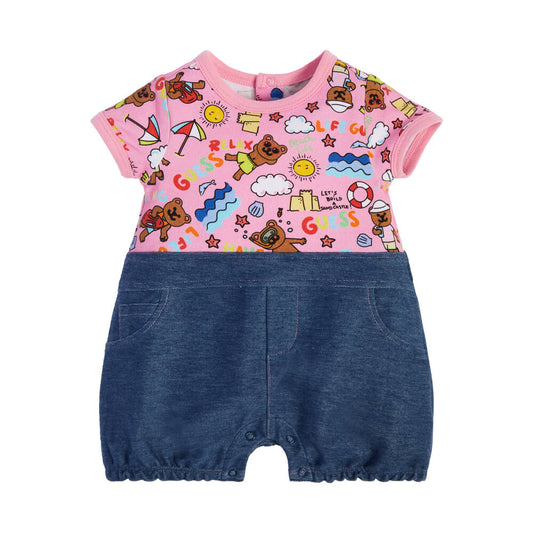 Guess Baby Girls Blue & Pink Mixed Fabric Babysuit