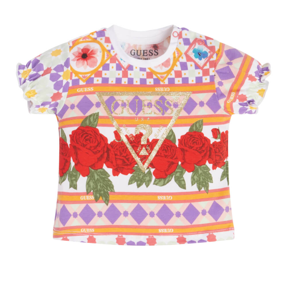 Guess Baby Girls Red & Multi-colour T-Shirt and Jersey Shorts With Patterned Flowers Combo Set