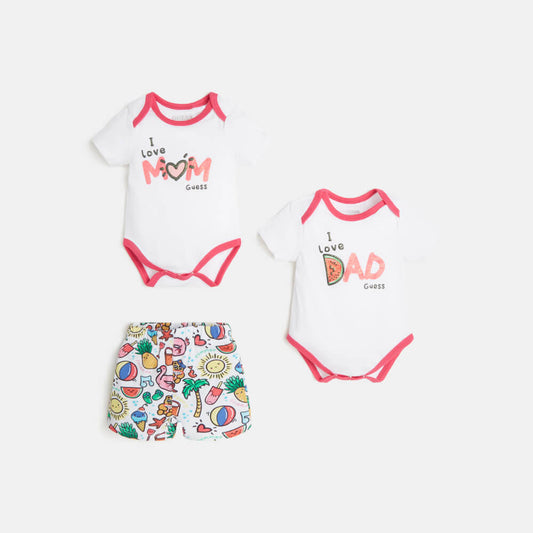 Guess Baby Girls White & Pink 2 Piece Babysuit And Shorts Combo Set