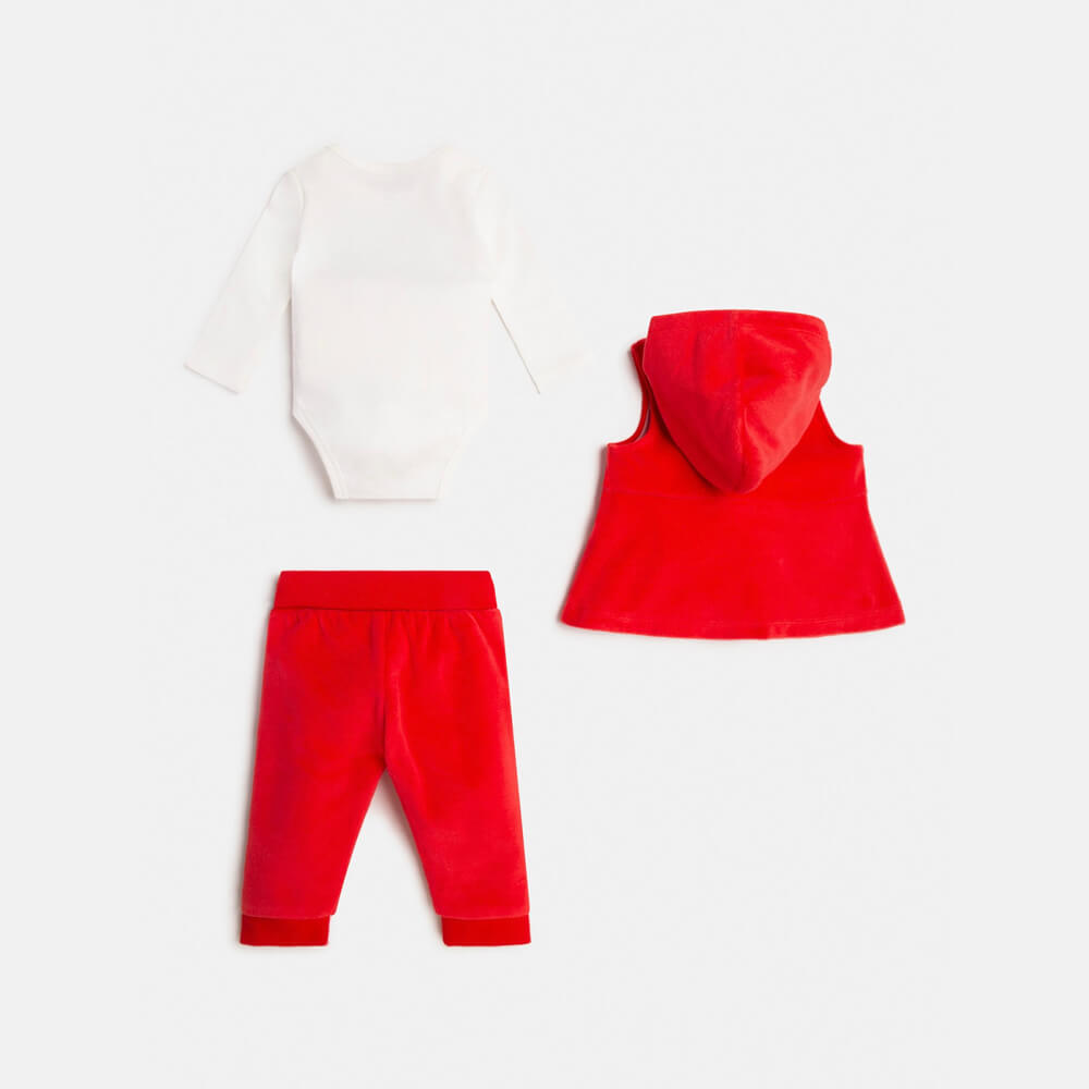 Guess Baby Girls Red & White Bear Pattern Babysuit With Vest And Pants Combo Set