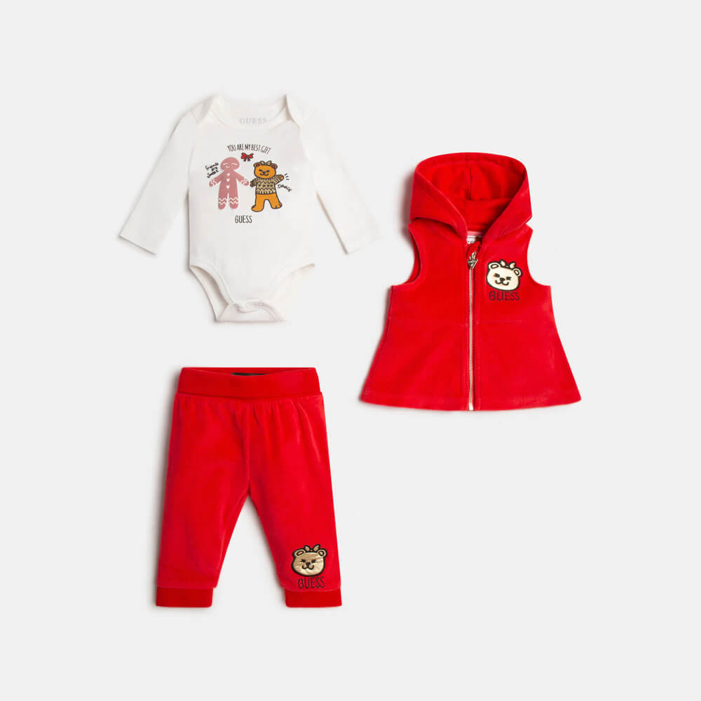 Guess Baby Girls Red & White Bear Pattern Babysuit With Vest And Pants Combo Set