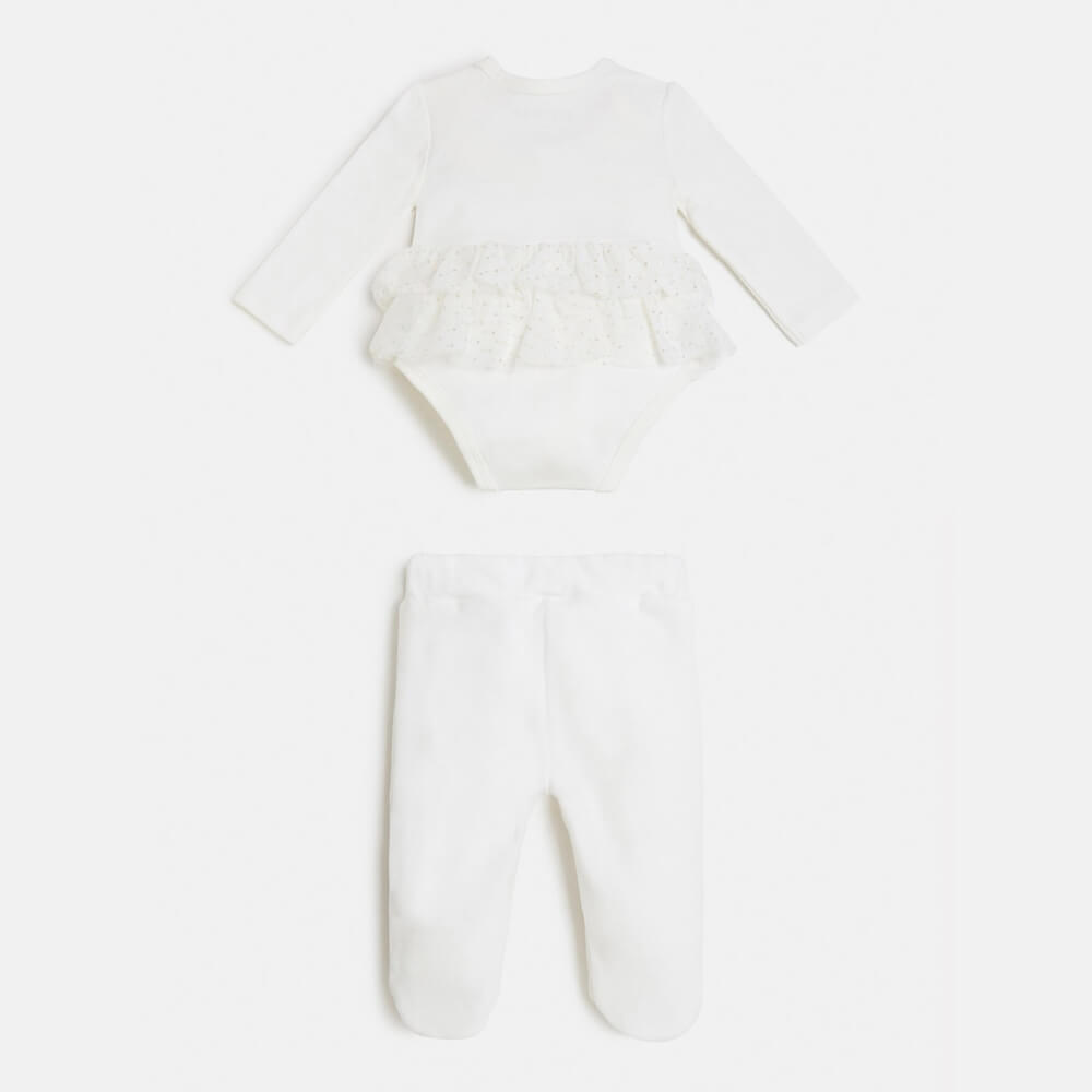 Guess Baby Girls White Dress Style Babysuit With Velour Pants Combo Set