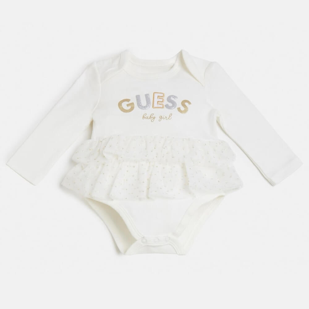 Guess Baby Girls White Dress Style Babysuit With Velour Pants Combo Set