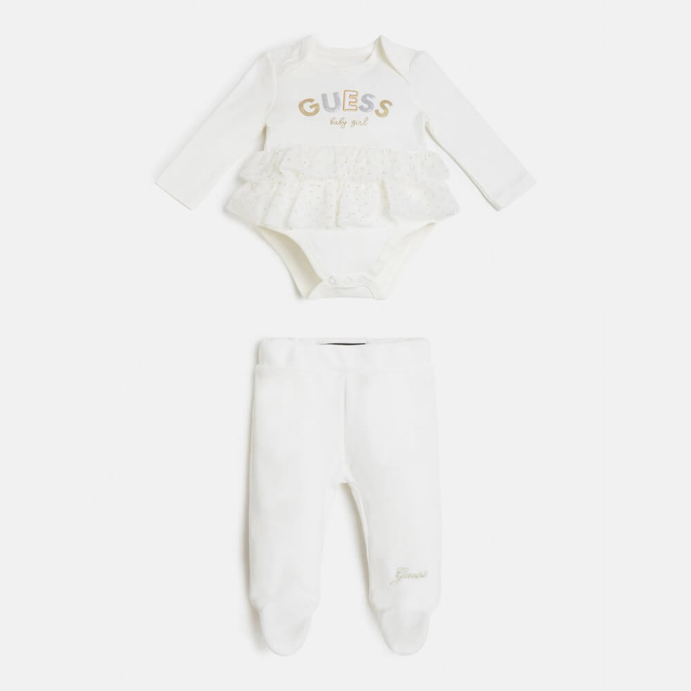 Guess Baby Girls White Dress Style Babysuit With Velour Pants Combo Set