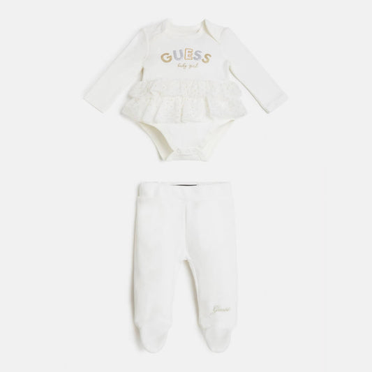 Guess Baby Girls White Dress Style Babysuit With Velour Pants Combo Set