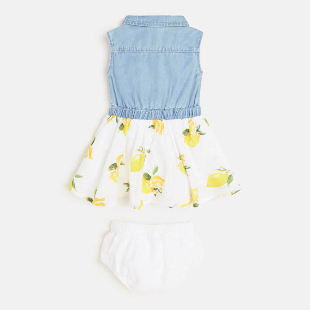 Guess Baby Girls Blue, White & Yellow Dress With Panties Combo Set