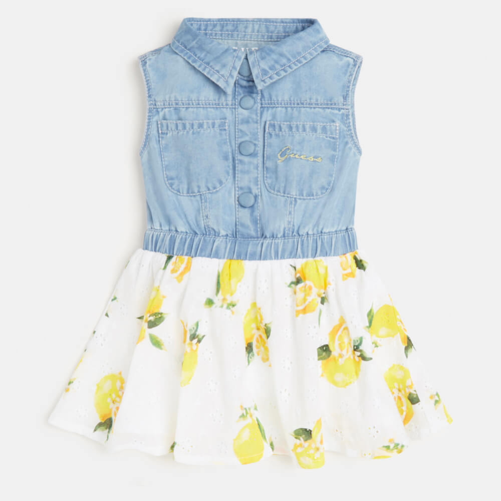 Guess Baby Girls Blue, White & Yellow Dress With Panties Combo Set
