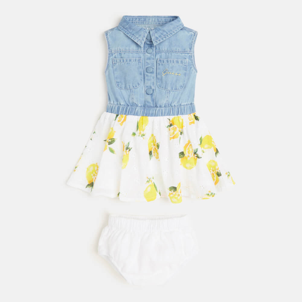 Guess Baby Girls Blue, White & Yellow Dress With Panties Combo Set