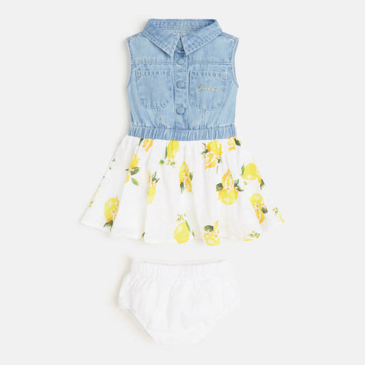 Guess Baby Girls Blue, White & Yellow Dress With Panties Combo Set